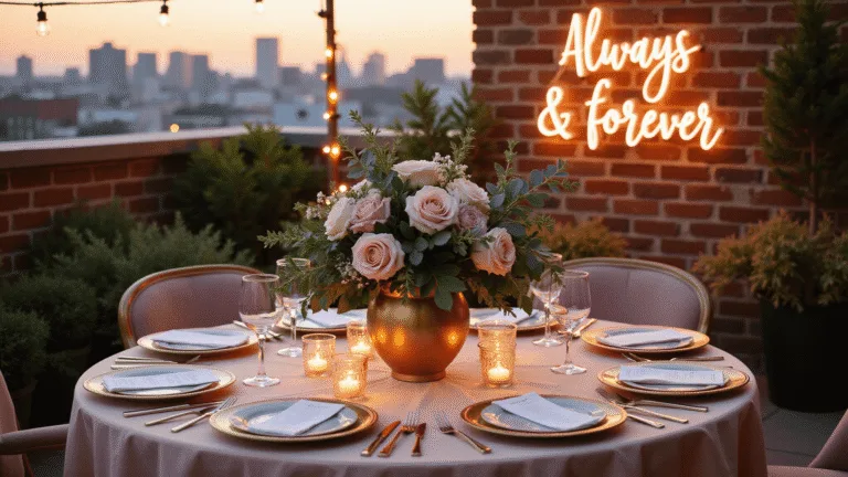 A romantic rooftop anniversary setup at golden hour, featuring a round table with blush silk linens, a centerpiece of garden roses in a gold vase, warm string lights, flickering candles, elegant place settings, a glowing neon sign, and a soft-focused sunset city skyline in the background.