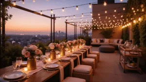 A luxurious rooftop terrace dinner party at golden hour, featuring a long wooden table with blush pink silk runners, vintage crystal wine glasses, and antique brass vases filled with garden roses and peonies, surrounded by twinkling Edison bulbs and a soft-focus city skyline.