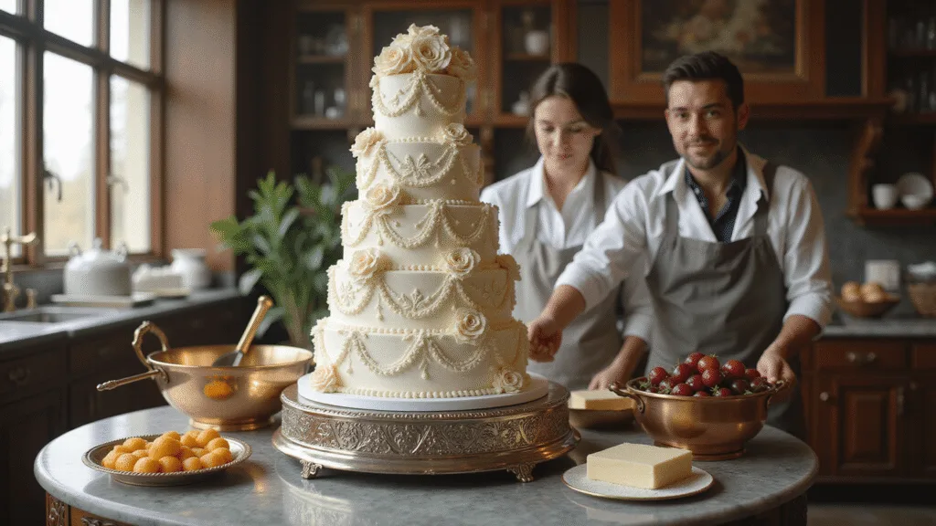 Photorealistic image of a majestic six-tier royal wedding fruitcake in an ornate Victorian kitchen, adorned with intricate royal icing piping, cascading sugar flowers, and edible gold leaf accents; traditional baking ingredients and tools in the foreground, with decorators adding finishing touches in soft natural light.