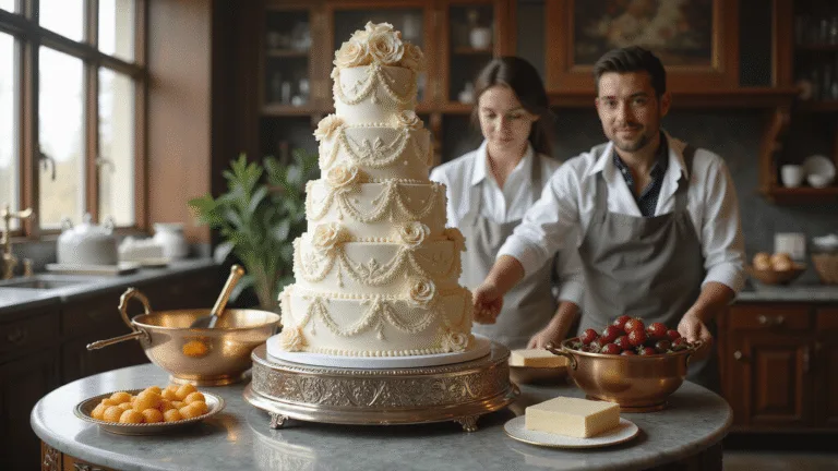 Photorealistic image of a majestic six-tier royal wedding fruitcake in an ornate Victorian kitchen, adorned with intricate royal icing piping, cascading sugar flowers, and edible gold leaf accents; traditional baking ingredients and tools in the foreground, with decorators adding finishing touches in soft natural light.
