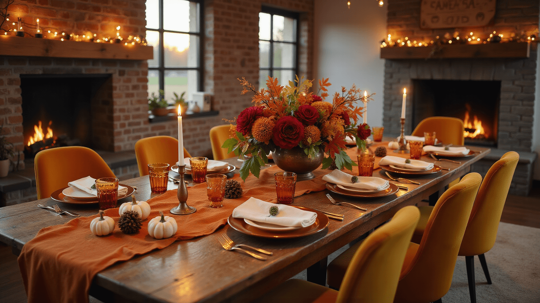 Photorealistic interior of a rustic-modern dining room at golden hour, featuring a wooden harvest table set with rich ceramic plates, copper chargers, amber wine glasses, and vintage brass candlesticks, adorned with a vibrant autumnal floral centerpiece and framed by warm Edison bulb lighting and a cozy fireplace.