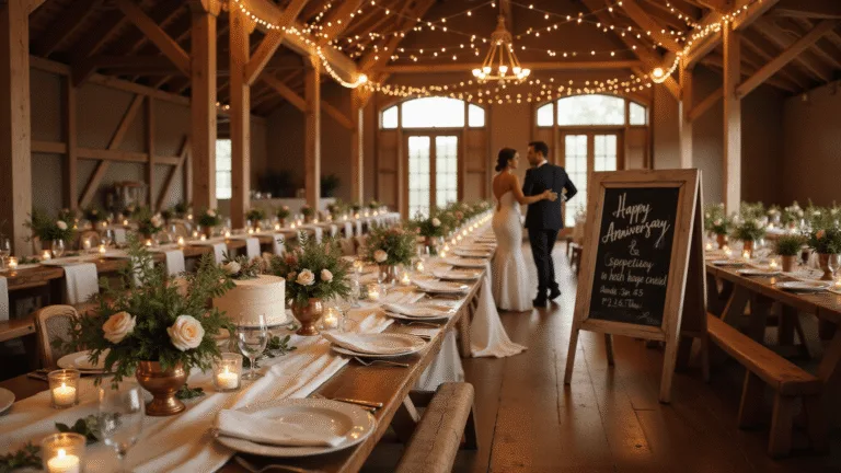 A romantic anniversary celebration in a rustic barn with wooden beams and warm string lights, featuring long farmhouse tables with elegant floral arrangements, a chalkboard greeting, and couples dancing in soft focus amidst golden hour lighting.