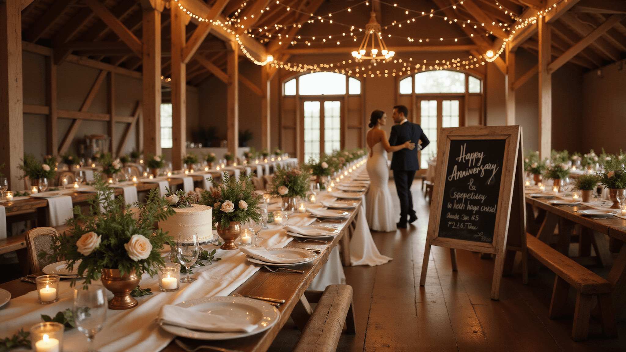 A romantic anniversary celebration in a rustic barn with wooden beams and warm string lights, featuring long farmhouse tables with elegant floral arrangements, a chalkboard greeting, and couples dancing in soft focus amidst golden hour lighting.