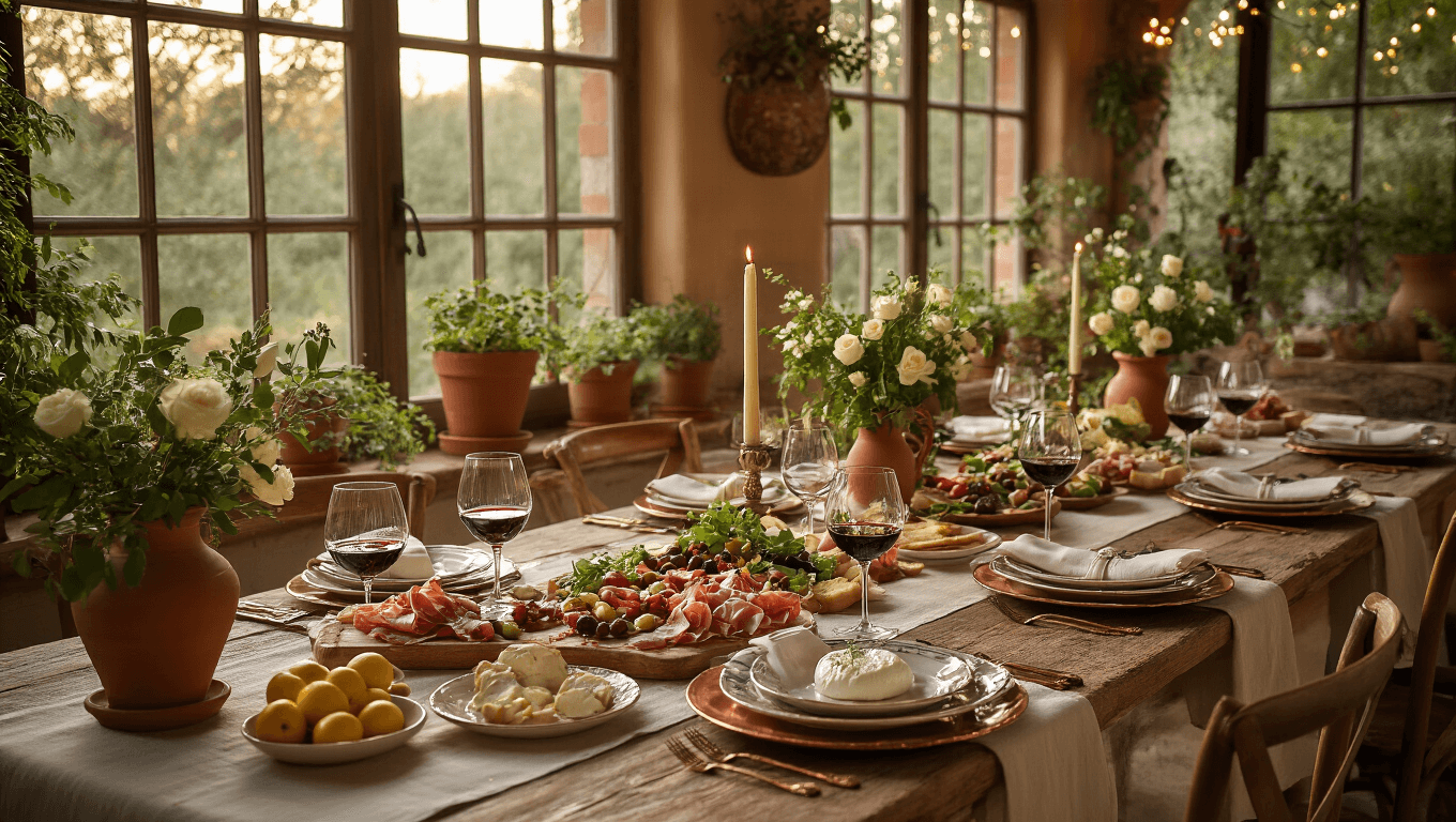 Photorealistic wide-angle shot of a rustic Italian dinner party tablescape featuring a long wooden farmhouse table with a cream linen tablecloth, mismatched ceramic plates, copper chargers, crystal wine glasses with red wine, antipasti platters with burrata and prosciutto, terracotta pots with fresh herbs, intertwined olive branches and white roses, and twinkling string lights, all illuminated by golden hour lighting.