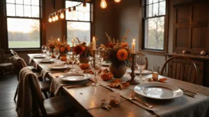 A rustic farmhouse dining setup for Friendsgiving, featuring a reclaimed wood table adorned with vintage china, linen napkins, and a centerpiece of brass candlesticks and floral arrangements, all under warm golden hour lighting and draped Edison bulbs.