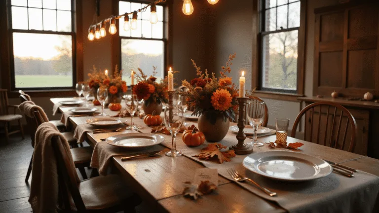 A rustic farmhouse dining setup for Friendsgiving, featuring a reclaimed wood table adorned with vintage china, linen napkins, and a centerpiece of brass candlesticks and floral arrangements, all under warm golden hour lighting and draped Edison bulbs.