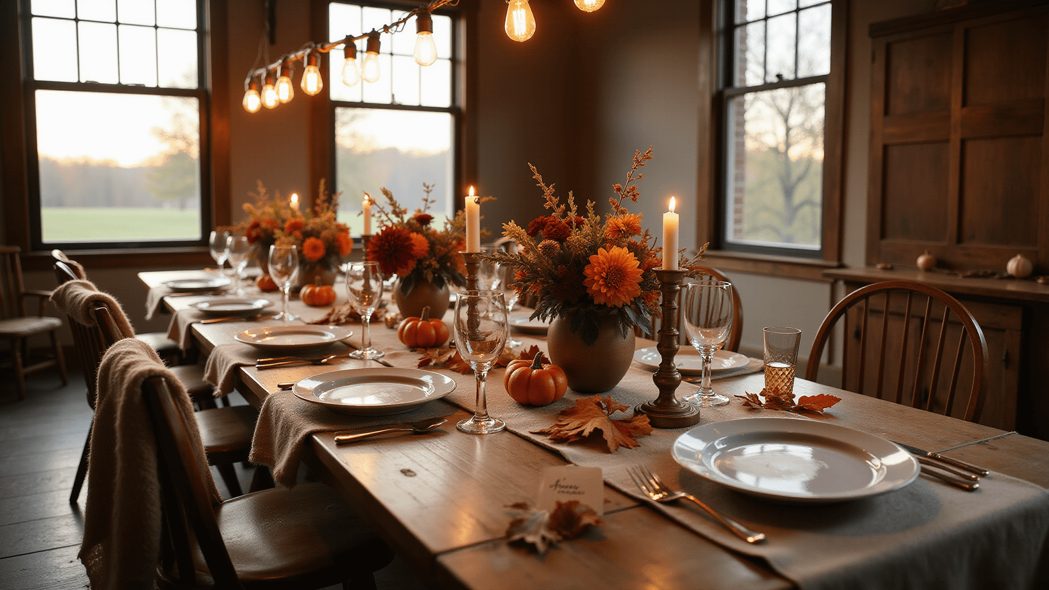 A rustic farmhouse dining setup for Friendsgiving, featuring a reclaimed wood table adorned with vintage china, linen napkins, and a centerpiece of brass candlesticks and floral arrangements, all under warm golden hour lighting and draped Edison bulbs.