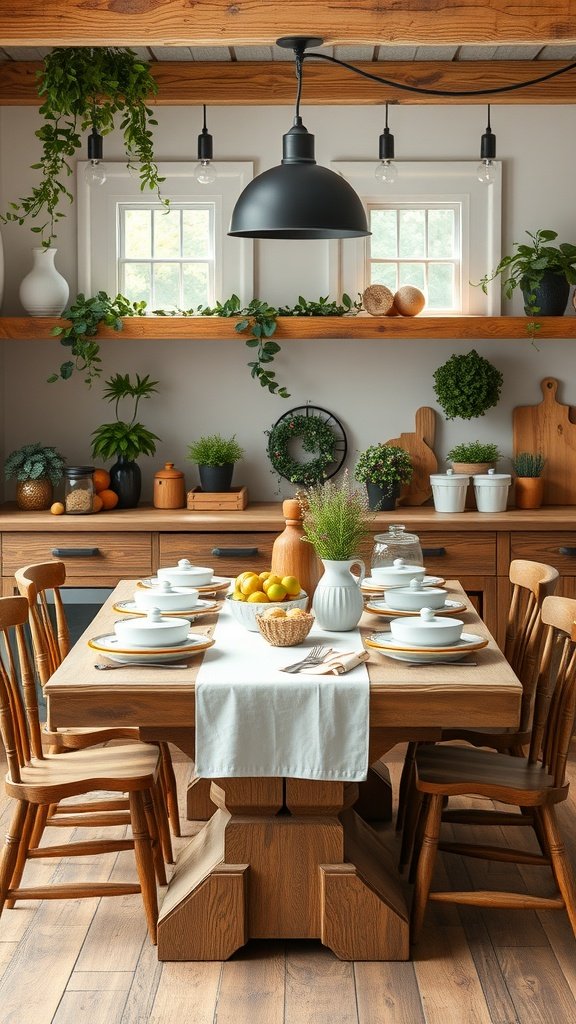 A rustic farmhouse kitchen table setting with wooden elements, white dishware, and fresh lemons.