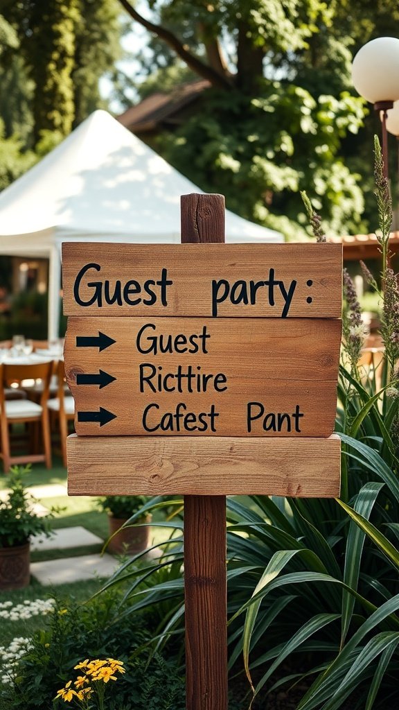 Rustic wooden sign directing guests at a garden party