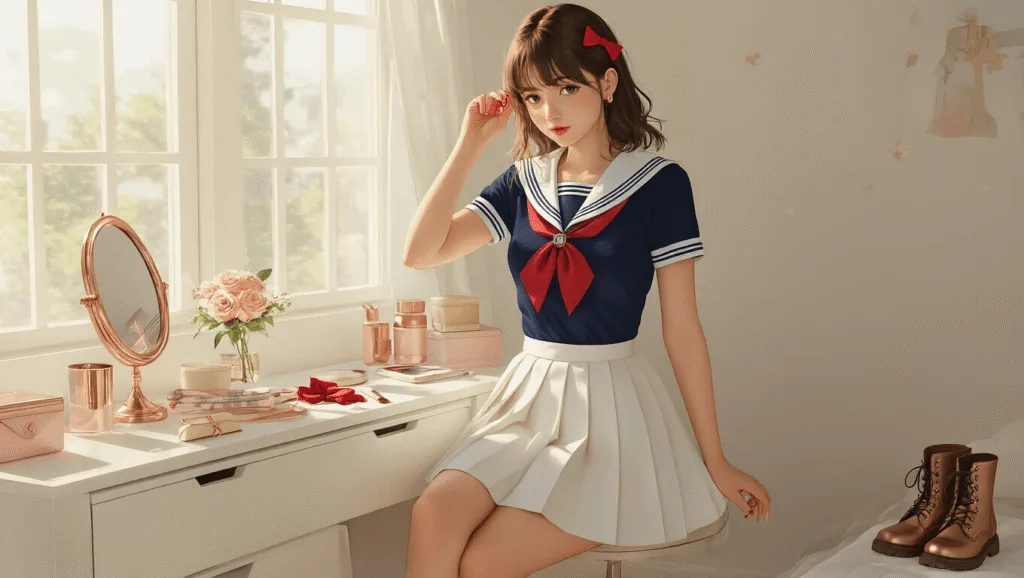 A young woman styling her hair at a vanity in a sunlit minimalist bedroom, wearing a white pleated mini skirt and navy fitted top with sailor collar details, with rose gold accessories and a red bow hairpin on the organized surface, and soft leather combat boots nearby.