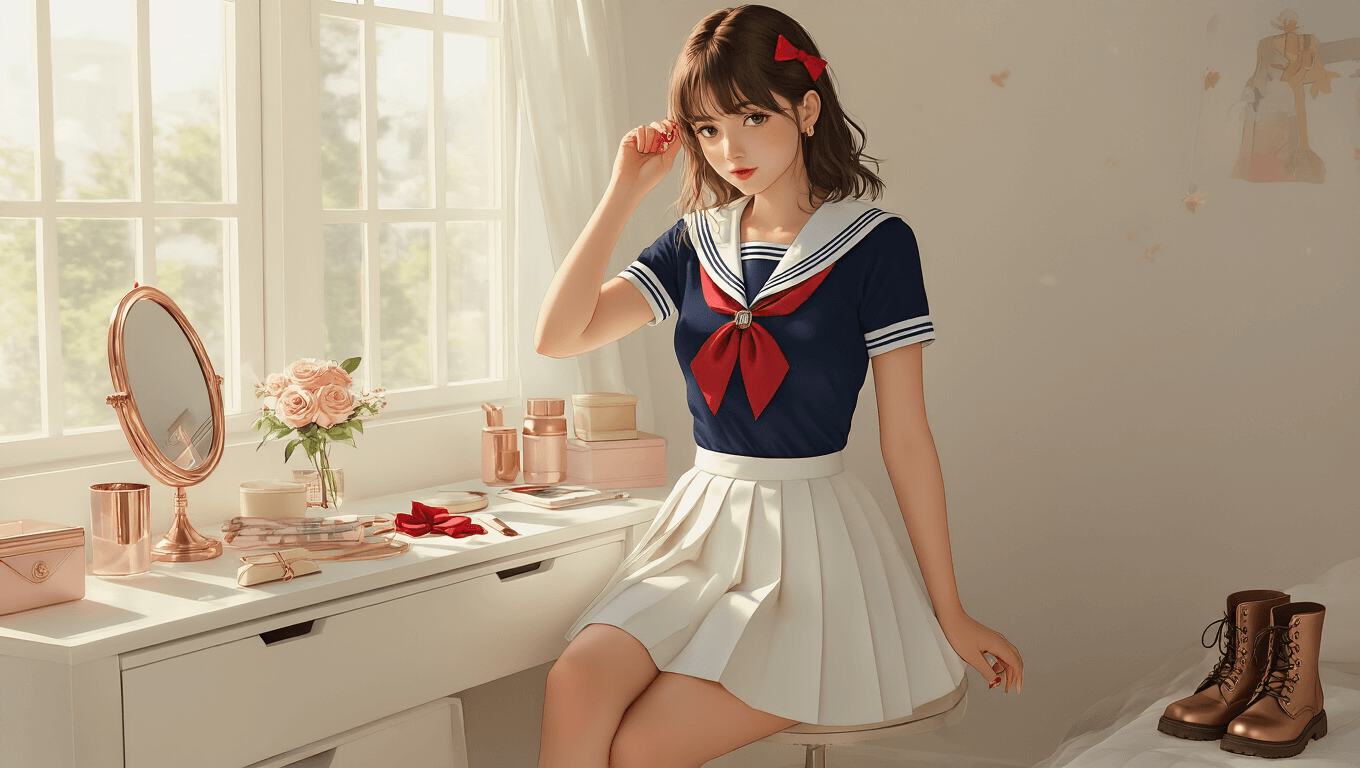 A young woman styling her hair at a vanity in a sunlit minimalist bedroom, wearing a white pleated mini skirt and navy fitted top with sailor collar details, with rose gold accessories and a red bow hairpin on the organized surface, and soft leather combat boots nearby.