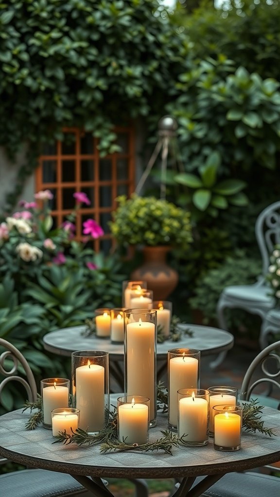 A beautiful garden setting with various scented candles arranged on tables, surrounded by lush greenery.