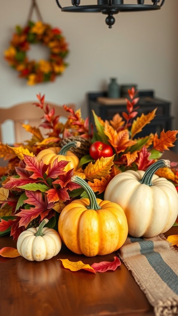 A seasonal centerpiece featuring pumpkins and autumn leaves on a farmhouse kitchen table.