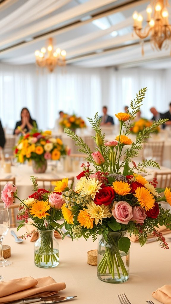 Colorful seasonal flower bouquets on elegantly set tables for a garden party.