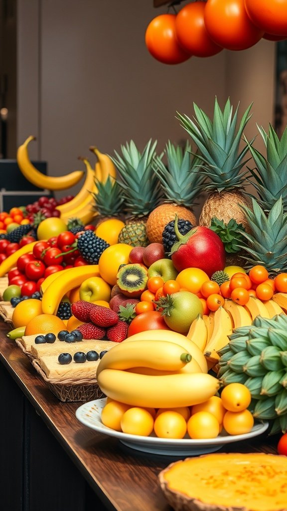 A colorful display of various seasonal fruits including bananas, pineapples, strawberries, and oranges arranged on a table.
