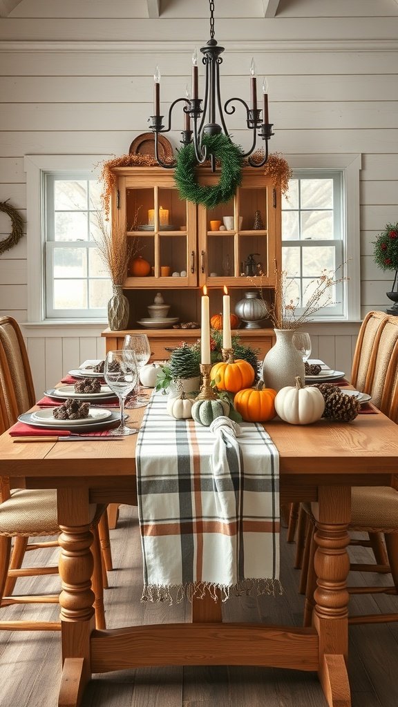 A rustic farmhouse kitchen table set for autumn with pumpkins, pinecones, and candles.