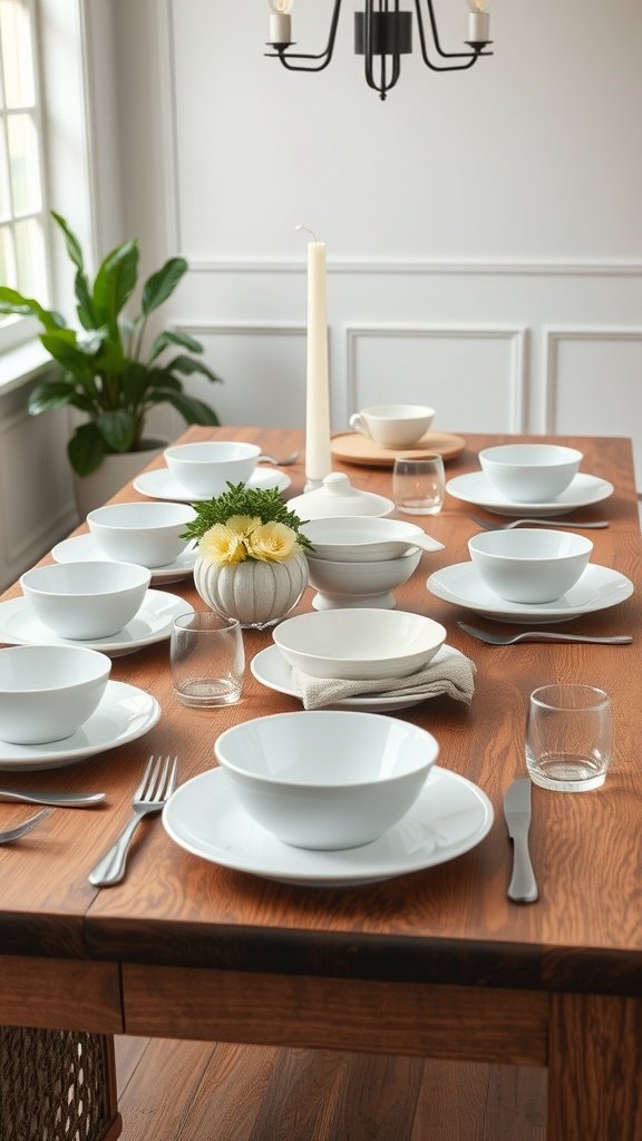A farmhouse kitchen table set with white dishes, a candle, and a small floral arrangement.