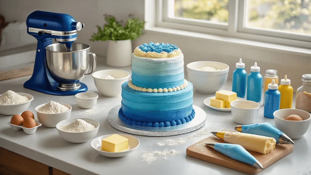 Photorealistic overhead view of a modern baking setup featuring a metallic KitchenAid mixer, white mixing bowls, vibrant ingredients, and a partially decorated two-tier cake with blue ombré buttercream, surrounded by Sonic-themed fondant cutouts and professional baking tools.