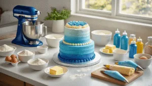 Photorealistic overhead view of a modern baking setup featuring a metallic KitchenAid mixer, white mixing bowls, vibrant ingredients, and a partially decorated two-tier cake with blue ombré buttercream, surrounded by Sonic-themed fondant cutouts and professional baking tools.