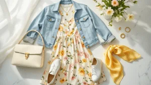 Bright flat lay of spring fashion essentials including a light wash denim jacket, floral midi dress, white leather sneakers, gold jewelry, structured cream bag, and fresh flowers, all set on white marble under soft morning light.
