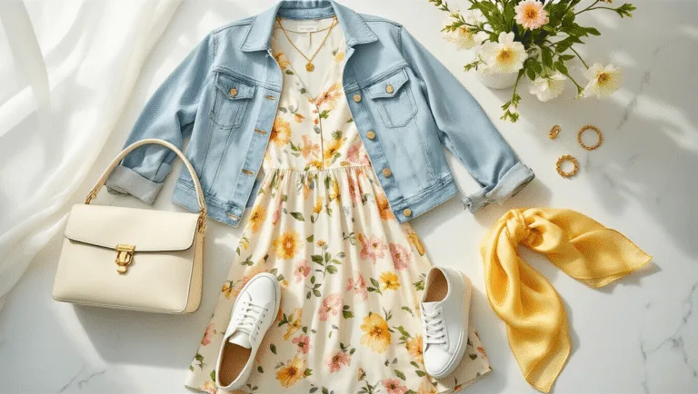 Bright flat lay of spring fashion essentials including a light wash denim jacket, floral midi dress, white leather sneakers, gold jewelry, structured cream bag, and fresh flowers, all set on white marble under soft morning light.