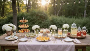 A luxurious summer garden baby shower setup featuring a rustic table with a blush pink linen runner, vibrant fruit skewers, cucumber-feta bites, pastel cupcakes, a drinks station, floral centerpieces, and decorative lighting, all captured in soft golden hour light.