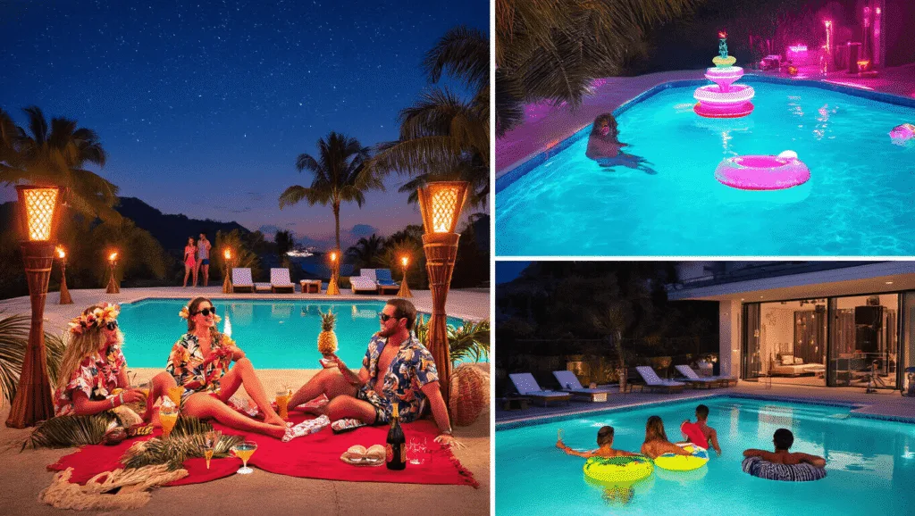 A vibrant compilation of four distinct pool party scenes: a tropical luau at golden hour, a nighttime neon party, a glamorous rooftop infinity pool, and a cozy twilight movie screening by the pool, all captured in ultra-detailed, photorealistic quality.