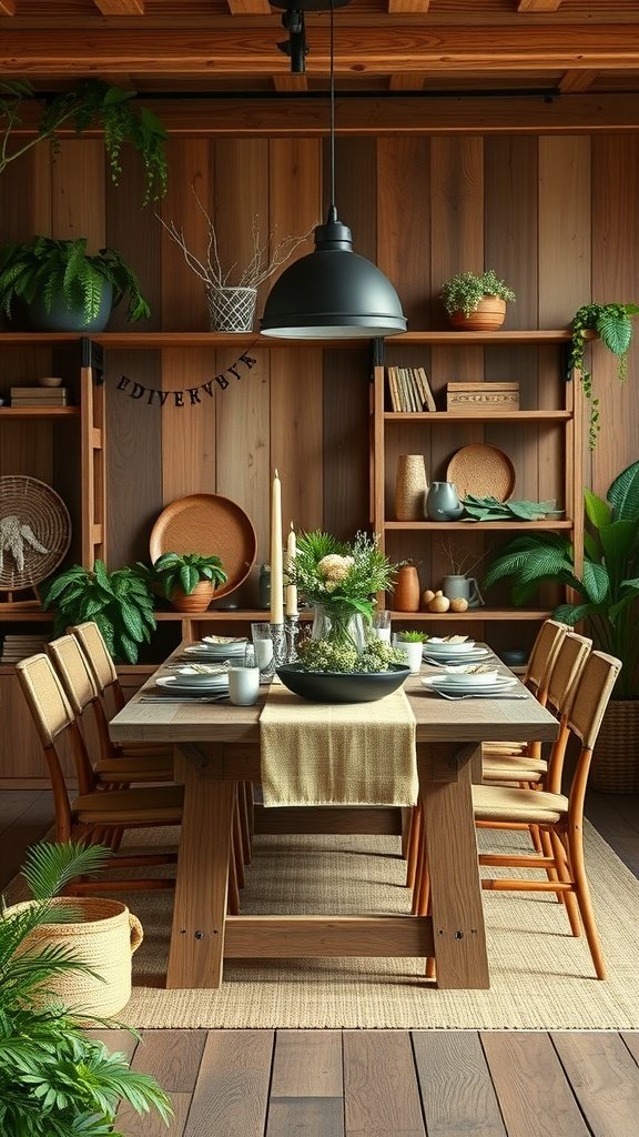 A rustic farmhouse kitchen table setting with wooden table, natural decor, and greenery.