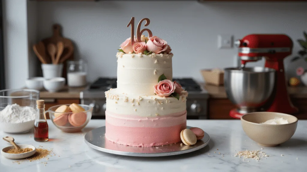 A photorealistic three-tiered Sweet 16 birthday cake decorated with ombré pastel pink-to-white frosting, gold leaf accents, and garden roses, set on a marble countertop with baking ingredients and a blurred professional kitchen background.