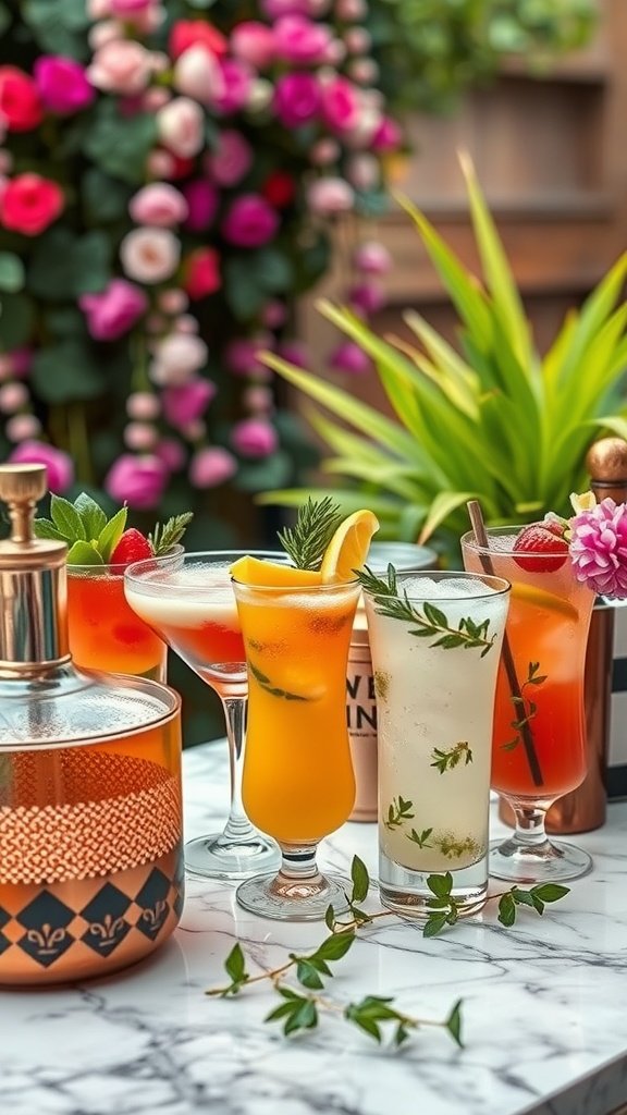 Colorful cocktails displayed on a table with fresh garnishes and flowers in the background.
