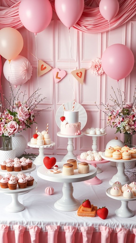 A beautifully arranged dessert table with pink balloons, flowers, and various sweet treats for a garden party.