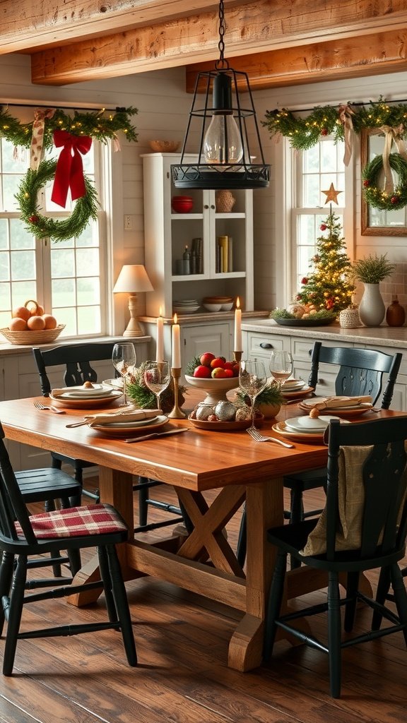 A beautifully set farmhouse kitchen table for the holidays, featuring a wooden table, black chairs, candles, and festive decorations.