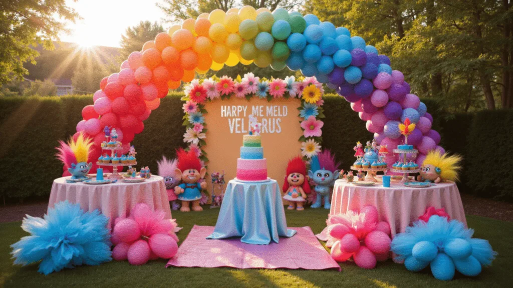 A vibrant backyard decorated for a Trolls-themed birthday party, featuring a rainbow balloon arch, a 6-tier ombre cake, character-themed cupcakes, and DIY Troll hair centerpieces. A pastel flower wall and magical string lights enhance the atmosphere, with figurines and a "Welcome to Troll Village" sign completing the whimsical setup.