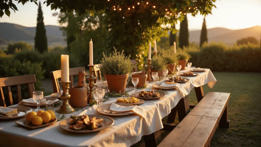 Cinematic wide-angle shot of a rustic Tuscan villa terrace at sunset, featuring a wooden table with vintage dishware, candlelight, and a seasonal centerpiece, surrounded by rolling hills and cypress trees.