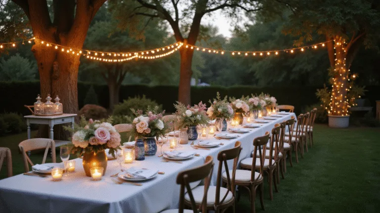 Cinematic wide-angle shot of an enchanted garden dinner party at dusk, featuring a rustic farmhouse table set with vintage china, warm string lights, and lush floral arrangements in chinoiserie vases, illuminated by flickering lanterns and surrounded by mismatched pastel chairs.