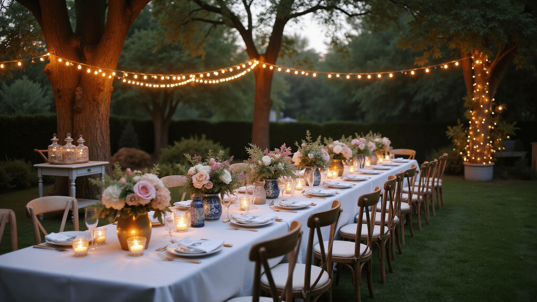 Cinematic wide-angle shot of an enchanted garden dinner party at dusk, featuring a rustic farmhouse table set with vintage china, warm string lights, and lush floral arrangements in chinoiserie vases, illuminated by flickering lanterns and surrounded by mismatched pastel chairs.