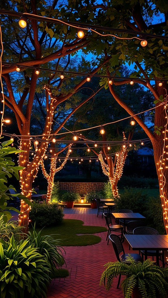 Twinkling string lights hanging between trees in a garden setting at night