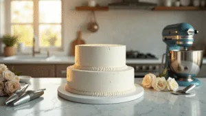 A bright kitchen workspace showcases a two-tier wedding cake in progress, featuring a smooth white buttercream bottom tier and a top tier being assembled. Sunlight highlights baking essentials and fresh roses, with a soft focus creating an ethereal atmosphere.