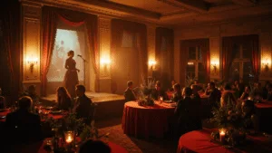 A grand Victorian ballroom concert featuring The Last Dinner Party, with lead singer Abigail Morris silhouetted by warm amber spotlights against a backdrop of dramatic shadows, ornate tables with dark red velvet, candelabras, and cascading flowers, all bathed in golden light from Art Nouveau sconces.