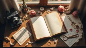 Anniversary Scrapbook: A Love Story Captured in Pages A rustic wooden workspace adorned with a leather-bound scrapbook, vintage photographs, dried roses, and ornate scissors, all bathed in warm natural light, creating a dreamy, nostalgic atmosphere.