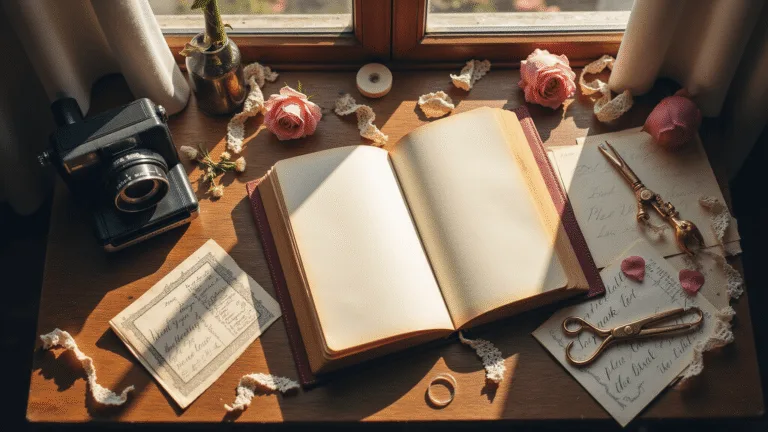 A rustic wooden workspace adorned with a leather-bound scrapbook, vintage photographs, dried roses, and ornate scissors, all bathed in warm natural light, creating a dreamy, nostalgic atmosphere.