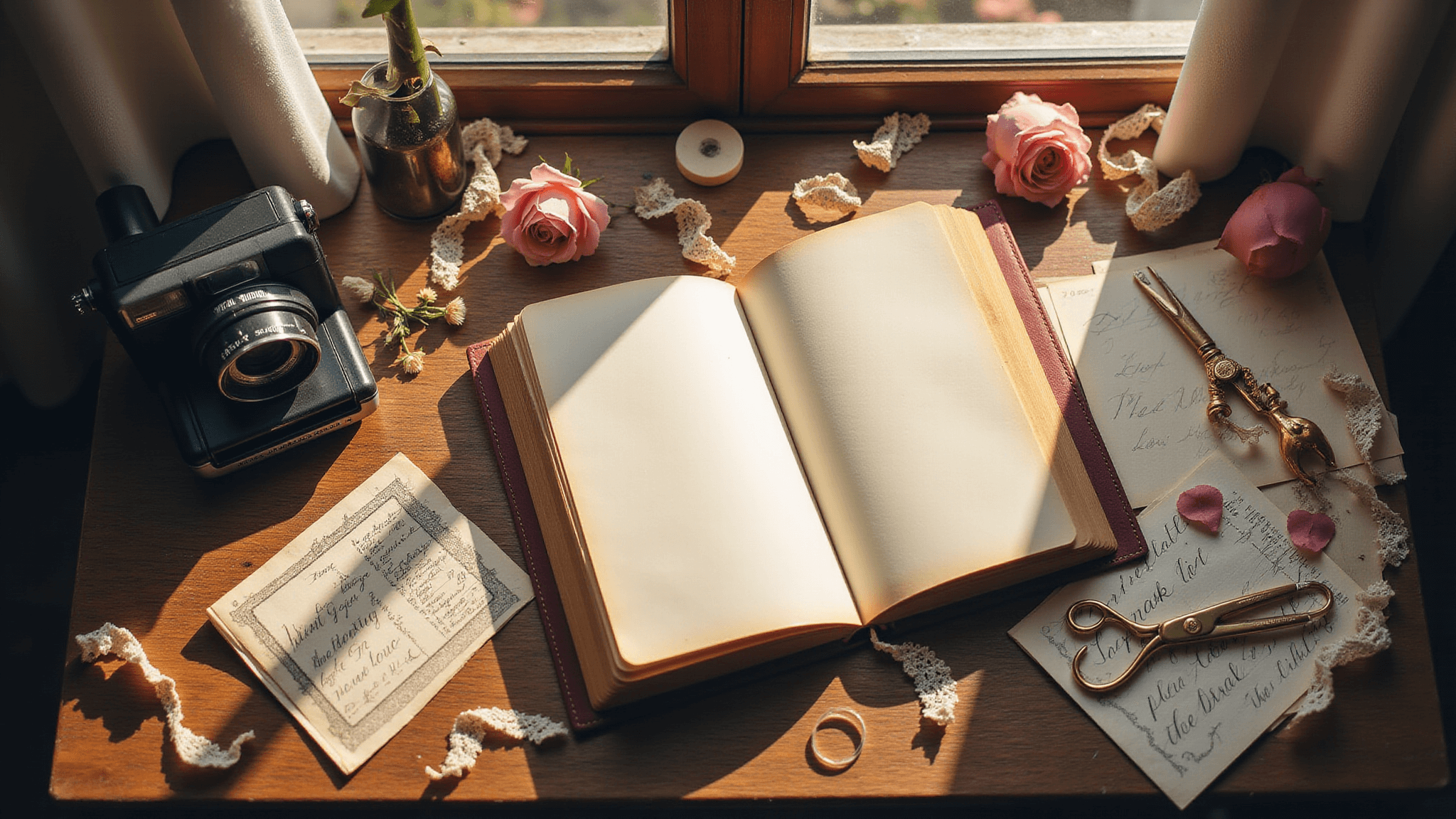 A rustic wooden workspace adorned with a leather-bound scrapbook, vintage photographs, dried roses, and ornate scissors, all bathed in warm natural light, creating a dreamy, nostalgic atmosphere.