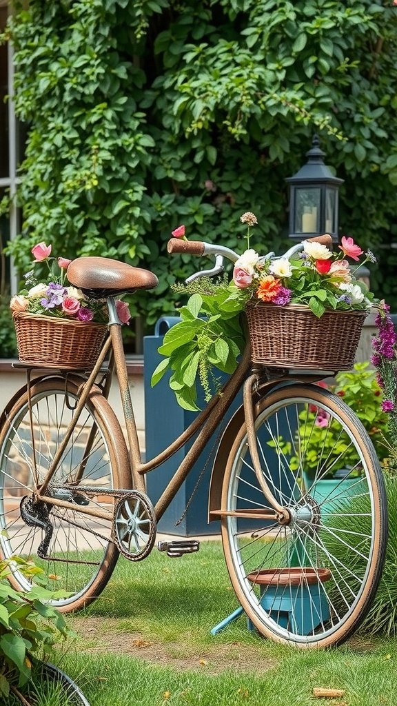 A vintage bicycle with flower baskets in a garden setting
