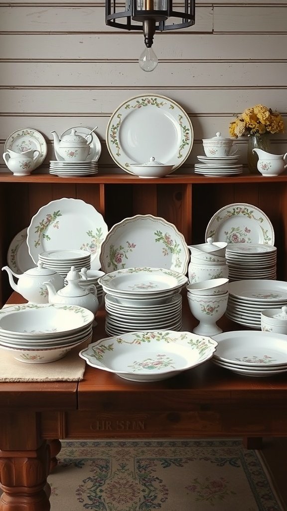 A collection of vintage dishware displayed on a wooden table, featuring floral patterns and various sizes of plates, bowls, and teapots.