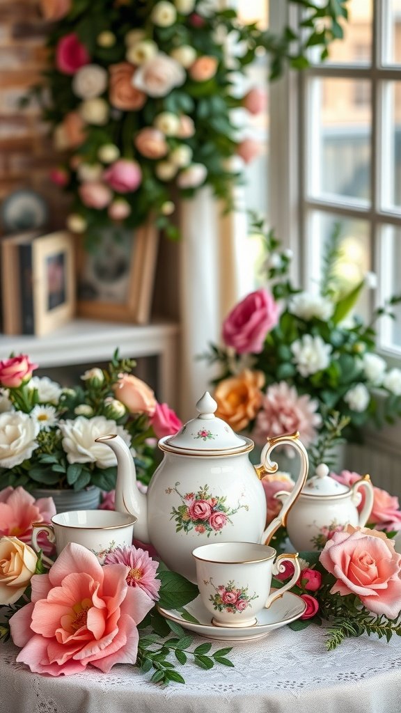 A vintage tea set displayed with fresh flowers on a table.