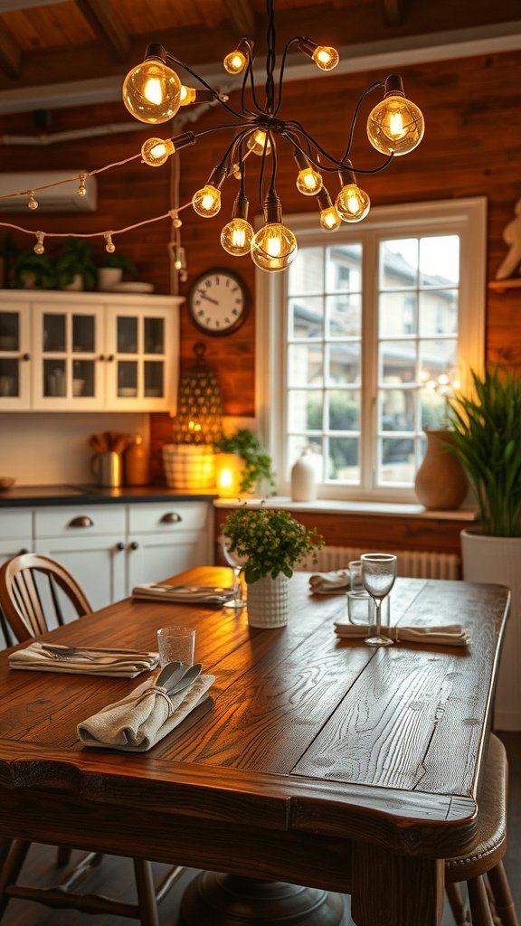 A cozy farmhouse kitchen table setting illuminated by warm string lights, featuring a wooden table, cutlery, glasses, and a small potted plant.