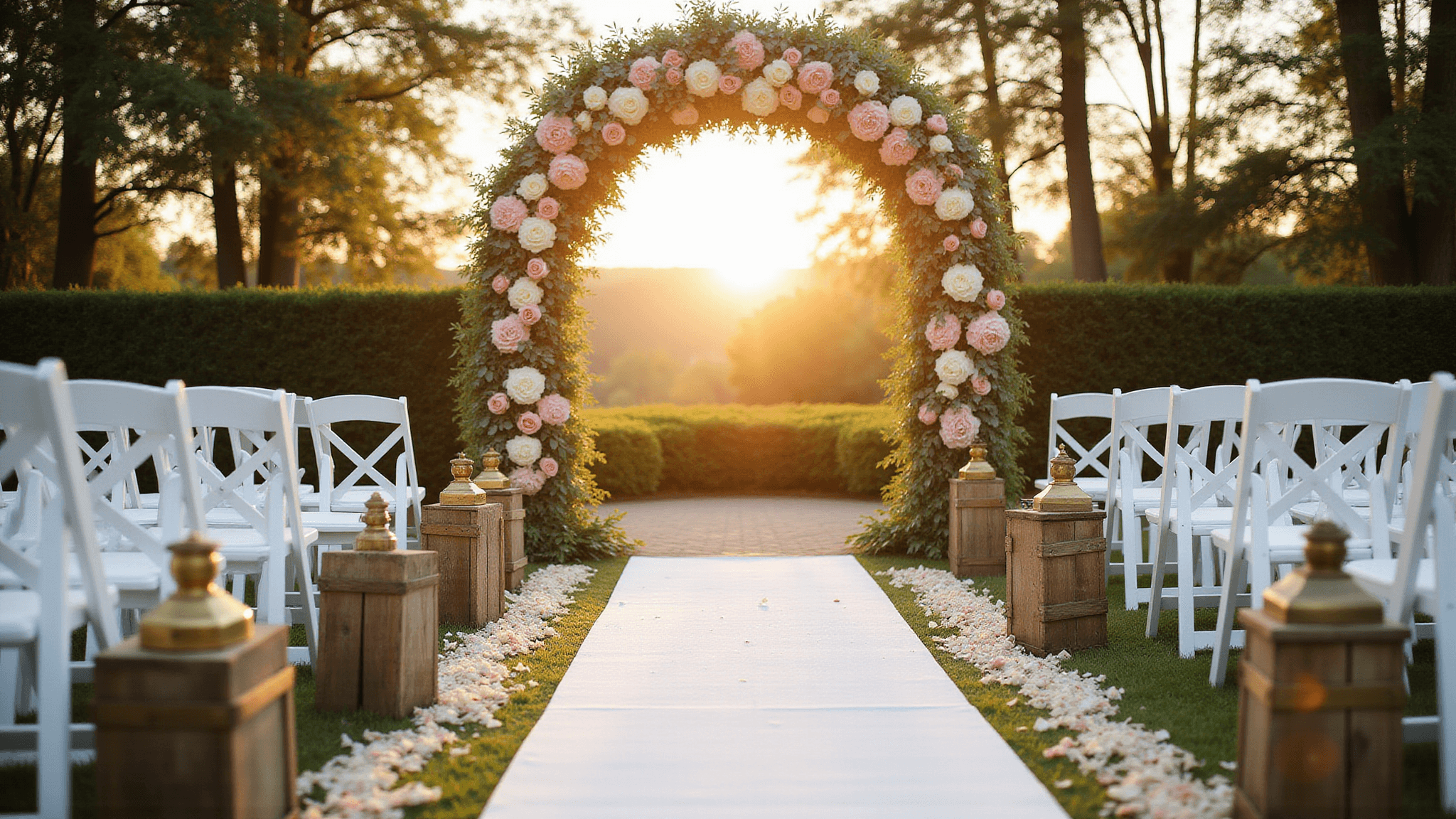 Cinematic wedding ceremony setup at golden hour with a grand floral arch of blush roses and cream peonies, white aisle runner with rose petals, wooden cross-back chairs, and vintage brass lanterns.