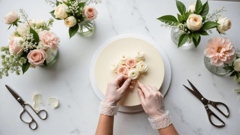 A professional bakery workspace with a white marble countertop, featuring fresh garden roses, blush peonies, and cream ranunculus arranged in crystal-clear glass vases. Stainless steel floral scissors and food-safe floral picks are included as a manicured hand in translucent gloves delicately trims rose stems. The scene is illuminated by soft natural light, showcasing a shallow depth of field with a soft bokeh background and moisture droplets on flower petals, all in a minimalist composition with pastel color grading.