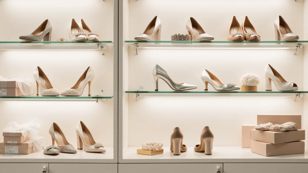 Elegant display of luxury wedding shoes on illuminated glass shelves, featuring crystal-embellished pumps, pearl-adorned flats, and metallic block heels against a soft cream backdrop with professional studio lighting.