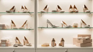 Elegant display of luxury wedding shoes on illuminated glass shelves, featuring crystal-embellished pumps, pearl-adorned flats, and metallic block heels against a soft cream backdrop with professional studio lighting.